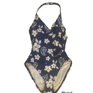 Anne Cole SIZE 6 Wrap-Front One-Piece Swimsuit Blue Floral Paisley Hawaiian